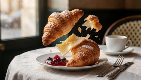 Of food on a table with a cup of coffee and a knife and fork. On the plate, there is a large croissant with a bite taken out of it. The croissants are golden brown.