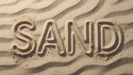 Is a close-up of the word SAND written in the sand. The word is written in a cursive font with the letters A and D slightly larger than the rest of the letters. The sand.