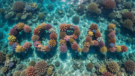 Is an aerial view of a coral reef. The coral reef is filled with various types of corals in different colors and shapes. The corals are arranged in a grid-like pattern, with the largest coral.