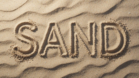 Is a close-up of the word SAND written in the sand. The word is written in a cursive font with the letters A and D slightly larger than the rest of the letters. The sand.