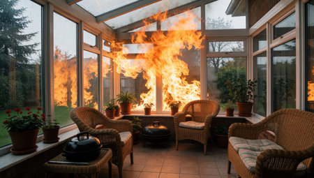 Outdoor living room with a large window that offers a view of the trees and greenery outside. The room is furnished with wicker furniture, including two armchairs and a sofa, and there are several potted.