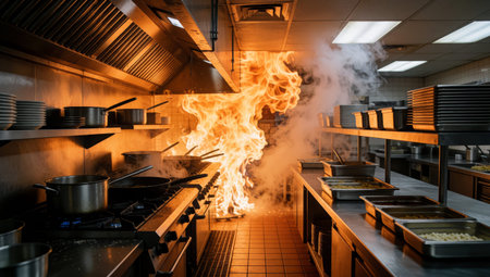 Kitchen with a large fire burning in the center. The fire is bright orange and yellow, with thick smoke rising up into the air. On the left side of the image, there is a gas.
