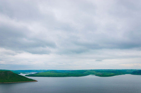 Aerial view on the Dniester Canyon, River and Bakota Bay in National Park Podillya Tovtry. Location...