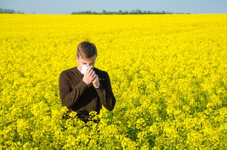 A young man in a rapeseed yellow field with a handkerchief suffers from an allergyの写真素材