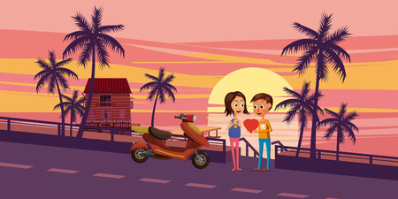 Sunset on the sea, two characters, the boy gives a girl heart love, amid a sea landscape, palm trees, a moped, Cartoon style, illustrationのイラスト素材