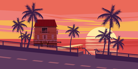 Lovely sunset, sea, road, trees and a house with mooring in cartoon style vector illustration.のイラスト素材