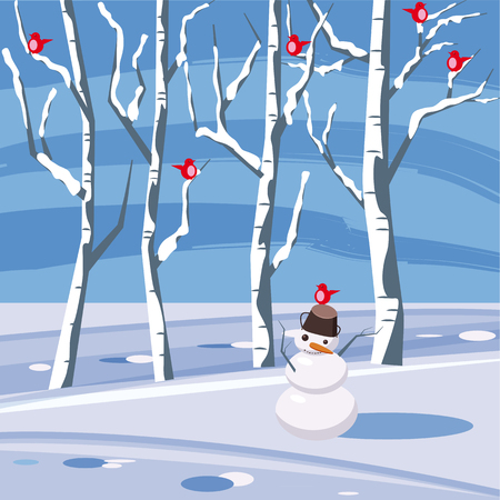 Winter landscape, trees in snow, bullfinches, snowman, cartoon style, vector illustrationのイラスト素材