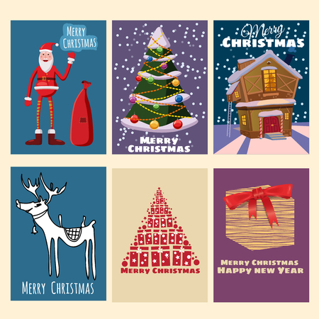 Set Lovely Christmas greeting, happy new year, card, Santa Claus with a bag of gifts, a Christmas tree, a country house, deer, gifts, Cartoon style, vector illustrationのイラスト素材