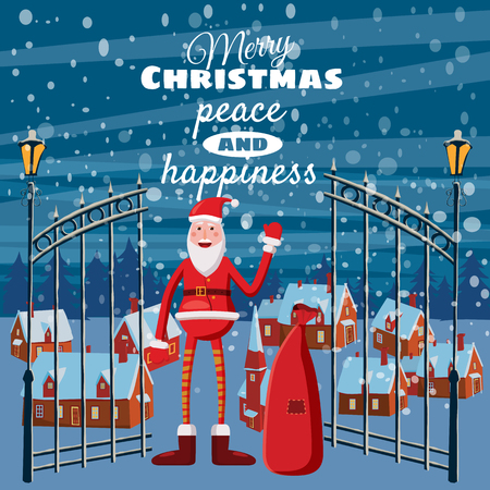 Cute Christmas greeting, happy new year, card, countryside, Santa Claus with a bag of gifts, Cartoon style, vector illustrationのイラスト素材