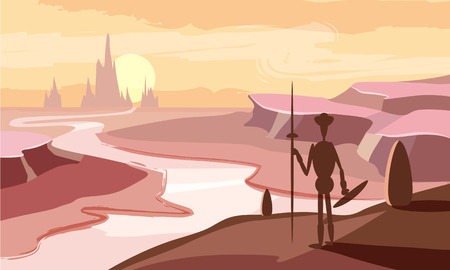Fantastic mountain landscape, valley, river, sunset, mountains, knight, Cartoon style, vector illustrationのイラスト素材