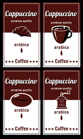 Set cappuccino labels, pop art, croissant, koefemolka, grain, cup, arabica, vector, banner, illustrationのイラスト素材