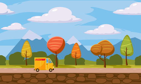 Delivery, transportation, truck, autumn landscape, cartoon style, trees, clouds and earth vector illustration.のイラスト素材
