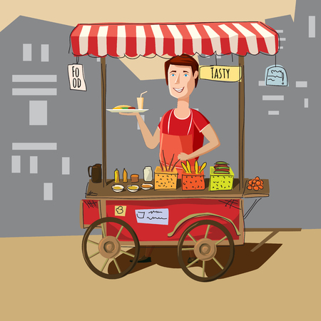 Street food truck street vendor in cartoon style vector illustration.のイラスト素材