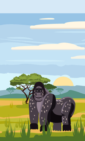 Gorilla on the pattern of the African landscape, savanna, Cartoon style, vector illustrationのイラスト素材