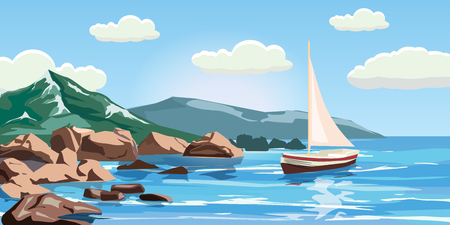 Seascape, rocks, cliffs, a yacht under sail, ocean, surf, Cartoon style, vector illustrationのイラスト素材