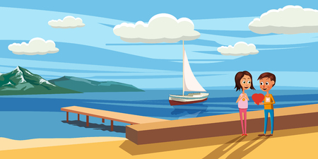 Couple sitting on the deck chairs at the sea. View from the back - Love or vacation concept. Vector illustrationのイラスト素材