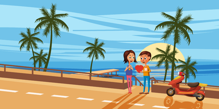 Couple sitting on the deck chairs at the sea. View from the back - Love or vacation concept. Vector illustrationのイラスト素材