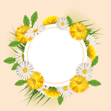 Fresh spring background with grass, dandelions and daisiesのイラスト素材