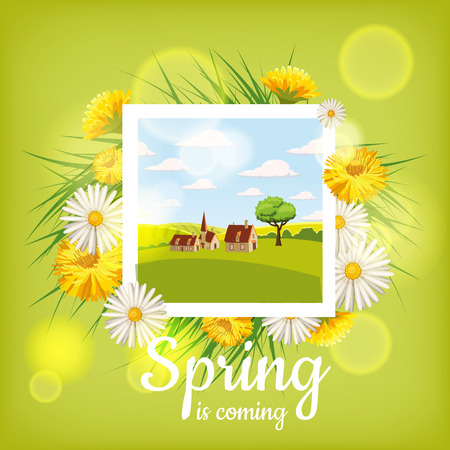 Fresh spring background with grass, dandelions and daisiesのイラスト素材