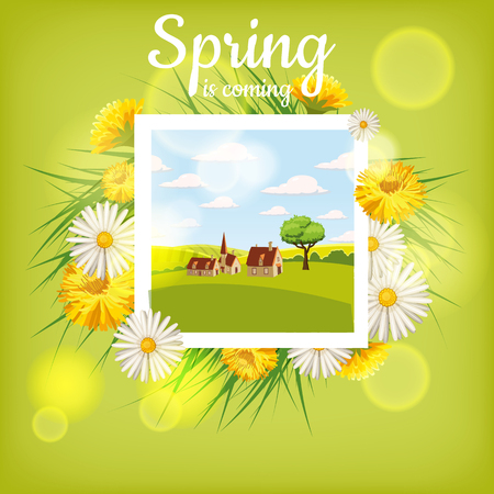 Fresh spring background with grass, dandelions and daisiesのイラスト素材