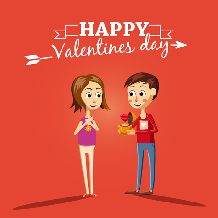 Postcard Valentine's Day, two characters, the boy gives the girl heart, love, Cartoon style, vector illustrationのイラスト素材