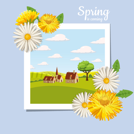 Fresh spring background with grass, dandelions and daisies.のイラスト素材