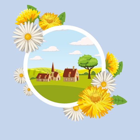 Fresh spring background with grass, dandelions and daisiesのイラスト素材