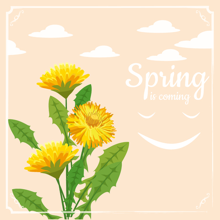 Fresh spring background with grass, dandelions and daisiesのイラスト素材