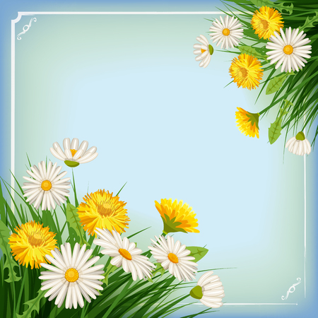 Fresh spring background with grass, dandelions and daisiesのイラスト素材