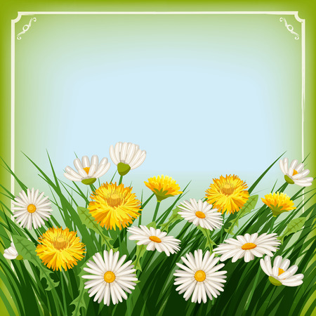 Fresh spring background with grass, dandelions and daisiesのイラスト素材