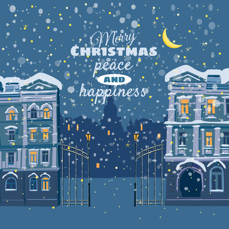 Christmas card, winter, urban landscape, snow, night, illuminated window, cartoon style, vector illustrationのイラスト素材