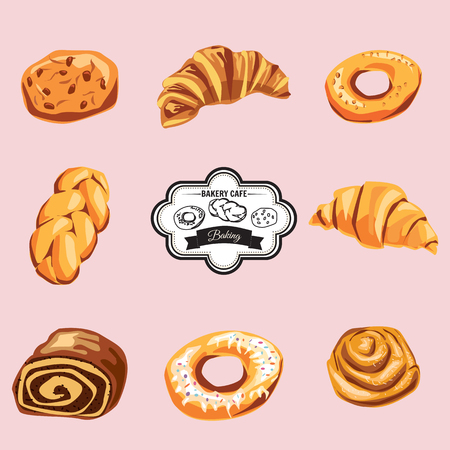 Set of sweet pastries and cupcakes. Vector icons of sweet bakeryのイラスト素材