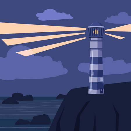 Seascape, clouds, sailboat, night, lighthouse, vector illustrationのイラスト素材