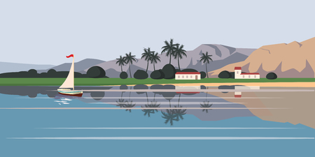 Sailing boat illustration by the land.のイラスト素材
