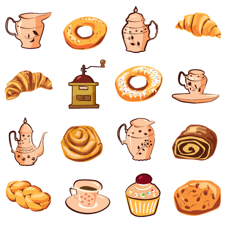 Set baking dishes and coffee, cartoon, vector, illustrationのイラスト素材