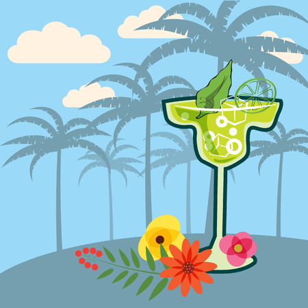 Cocktails, drinks, palm trees, flowers, banner, vector illustrationのイラスト素材