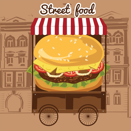 Cartoon fast-food car with a big hamburgerのイラスト素材