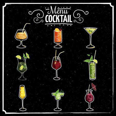 Set cocktails, menu, chalk on a blackboard style, illustration, vectorのイラスト素材