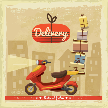 Scooter, delivery, cartoon style, vintage, banner, vector illustrationのイラスト素材
