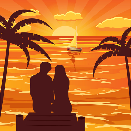 Sunset, palms, sea, couple of lovers, vector, illustrationのイラスト素材