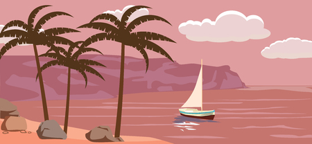 Seascape, sailboat, palm trees, vector illustrationのイラスト素材