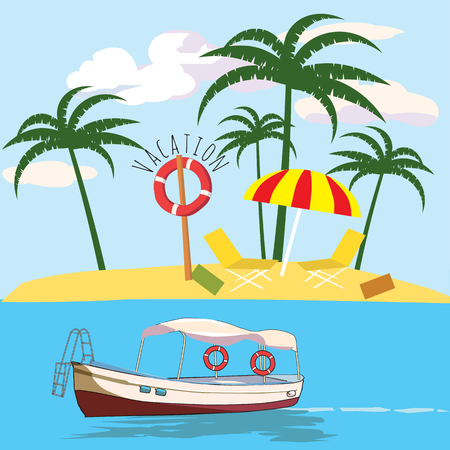 Vacations, leisure boat, palm, banner, vector illustrationのイラスト素材