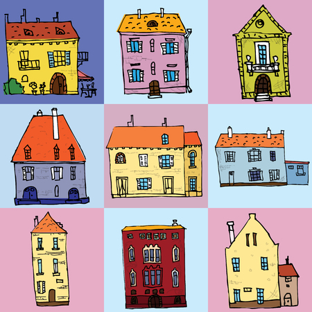 Town house cottage and assorted real estate building set isolated vector illustrationのイラスト素材