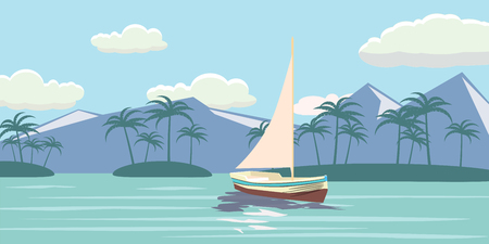 Tropical paradise. Turquoise ocean, island, palm trees, yacht, vector illustration.のイラスト素材