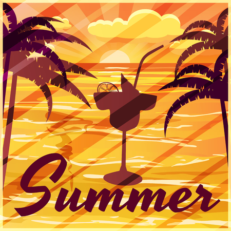 Summer, palm trees, sea, evening, cocktail, banner, vector illustrationのイラスト素材