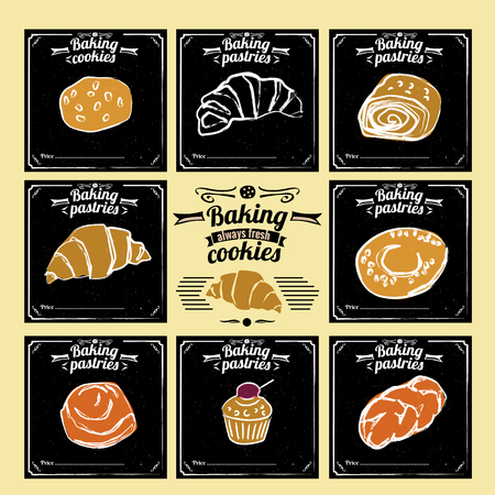Set of sweet pastries and cupcakes. Vector icons of bakery, with imitation of chalk sketchのイラスト素材