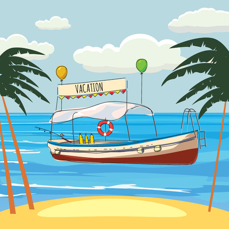 Vacations, leisure boat, palm, banner, vector illustrationのイラスト素材