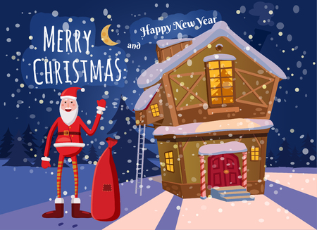 Cute Christmas greeting, happy new year, card, countryside, Santa Claus with a bag of gifts, Cartoon style, vector illustrationの写真素材
