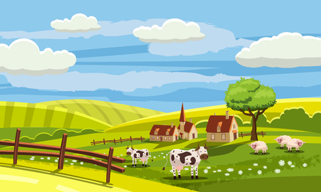 Lovely country rural landscape, cow grazing, farm, flowers, pasture, Cartoon style, vector illustrationの写真素材