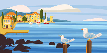Seascape, coastal city, seagull, sea, sailboat, ocean, cardboard style, vector, illustrationのイラスト素材